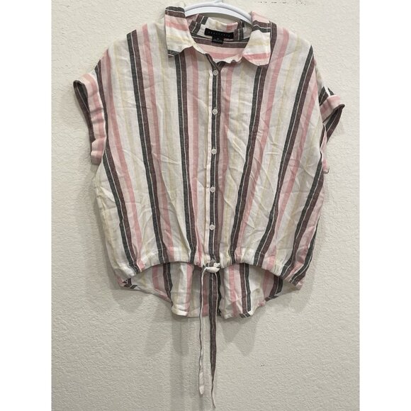 Womens Sanctuary Top Medium Linen Blend Stripes Tie Front Coastal Beachy Boho - Picture 1 of 7